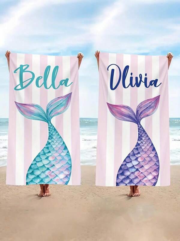 1 pieza de toalla de playa creativa, elegante y de alta calidad con diseño de cola de sirena personalizable con nombres, ultra suave, ideal para regalar a familiares y amigos queridos, superligera y delgada, de secado rápido, un esencial para viajes, campamentos, playas, piscinas, adecuado tanto para niños como para niñas. Artículos esenciales de playa