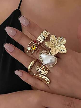 6pcs/Set Ins Style Asymmetrical Floral Rhinestone Decor Ring Set