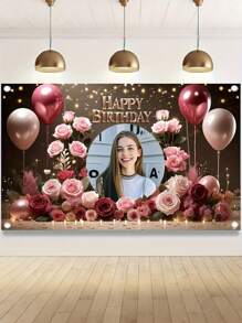 1pc Personalized Birthday Banner With Customizable Photo, Gold And Pink Floral Design, Entrance And Room Celebration Decorations, Ideal Gift For Family, Friends, Girlfriends, Holiday Decorations|Holiday Spirit|Polyester Banner, Perfect Teenager Gift, Durable, Suitable For Parties, Photo Booth Props And Celebrations, Home Decor, No Electricity Needed, Reusable, Three Sizes To Choose From Back To School