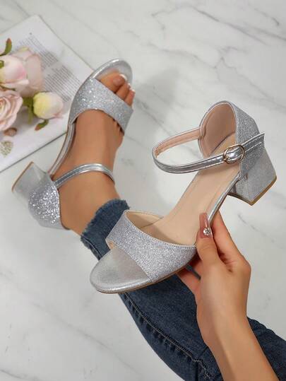 大码女士凉鞋，时尚舒适 PU 防滑带一脚蹬纯色闪光粗跟圆头露趾凉鞋，带金属扣，鞋跟高 5 厘米，适合室内/室外、休闲、可爱、奢华、时尚、日常、派对、婚礼、学校、办公室、2025 年春夏新款女士鞋