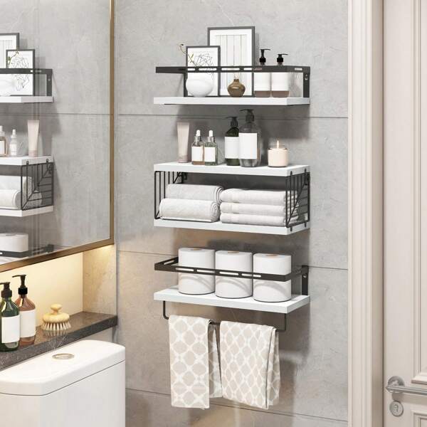 Tomnk Wall Mounted Bathroom Shelves Over Toilet, Rustic Wood Floating Shelves With Metal Frame And Towel Bar For Bathroom, Kitchen, Bedroom, Living Room Back To School
