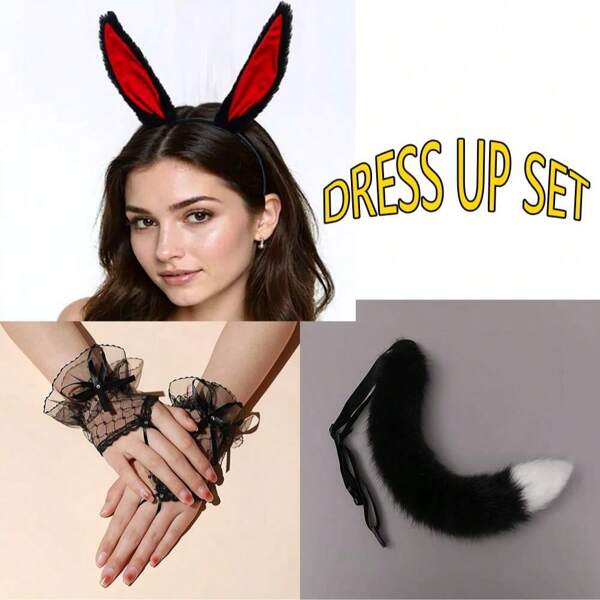 Sanrio Set principessa 3-in-1 2025 per travestimento, abito da festa sexy - Fascia regolabile in velluto a forma di coniglio + Coda e polsini + Guanti in pizzo | Kit costume per feste, cosplay, Ognissanti, regalo