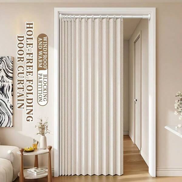 Rodless Elegant Bohemian Style Folding Door Curtain With Stripes - Polyester, Magnetic Partition Living Room, Bedroom, Kitchen - Easy To Hand Wash, No Power Required, Multi-Function Home Decor, Multi-Function Curtain | Pastoral Theme | Unlined Curtain, Living Room Curtain