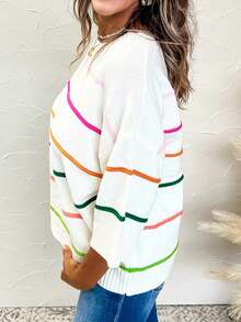 Acelitt Casual Contrast Stripe Off-Shoulder 3/4 Sleeve Ribbed Crew Neck Knit Top, Suitable For All Seasons - Multicolor - View 4