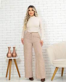 Wide Leg Wide Leg Flare Hem Straight High Waisted Fleece Lined Wide Leg Structured Fit Trousers - 米色 - 查看 1
