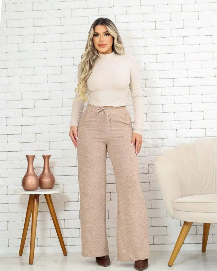 Wide Leg Wide Leg Flare Hem Straight High Waisted Fleece Lined Wide Leg Structured Fit Trousers - 米色 - 查看 1