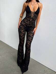 Women's Lace Jumpsuits Stretch See Through V Neck Drawstring Backless Flare Pants Rompers Sexy One Piece Outfits - Black - View 2