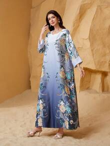 Eid Al-Adha Ramadan Collar V-Neck Long Dress, Regular Fit, All-Over Floral Print, Soft 75D 4-Way Stretch Fabric, Regular Sleeve, Glitter, Rhinestone, Embellished Bust, Elegant Arabic Style Kaftan Robe Jalabiya, Modest - NC17 - View 5