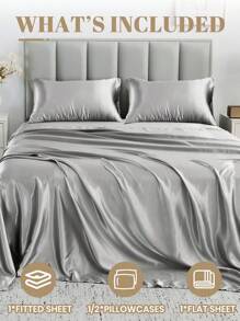 3/4pcs Satin Fitted Sheet Set, Bedding Set, Bed Sheets, Solid Color Bed Sheet Set, Mattress Cover Set, Skin-Friendly Bed Cover Set,  Smooth, Soft And Comfortable Bedding For Bedroom, Mattress Protector For Bedroom, Halloween Gift, 1pc Flat Sheet, 1pc Fitted Sheet With 1/2pcs Pillowcase, Deep Pocket, For Single, Twin, Full, Queen And King Bed Sizes, Machine Washable
