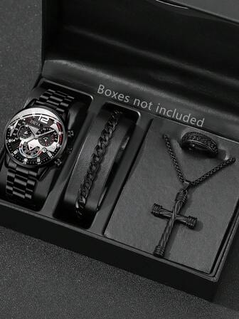 4-Piece Men's Black Strap Fashion Casual Mixed Scale With Calendar Quartz Watch Bracelet Necklace Ring Jewelry Set Suitable For Daily Decoration Or Holiday Gifts