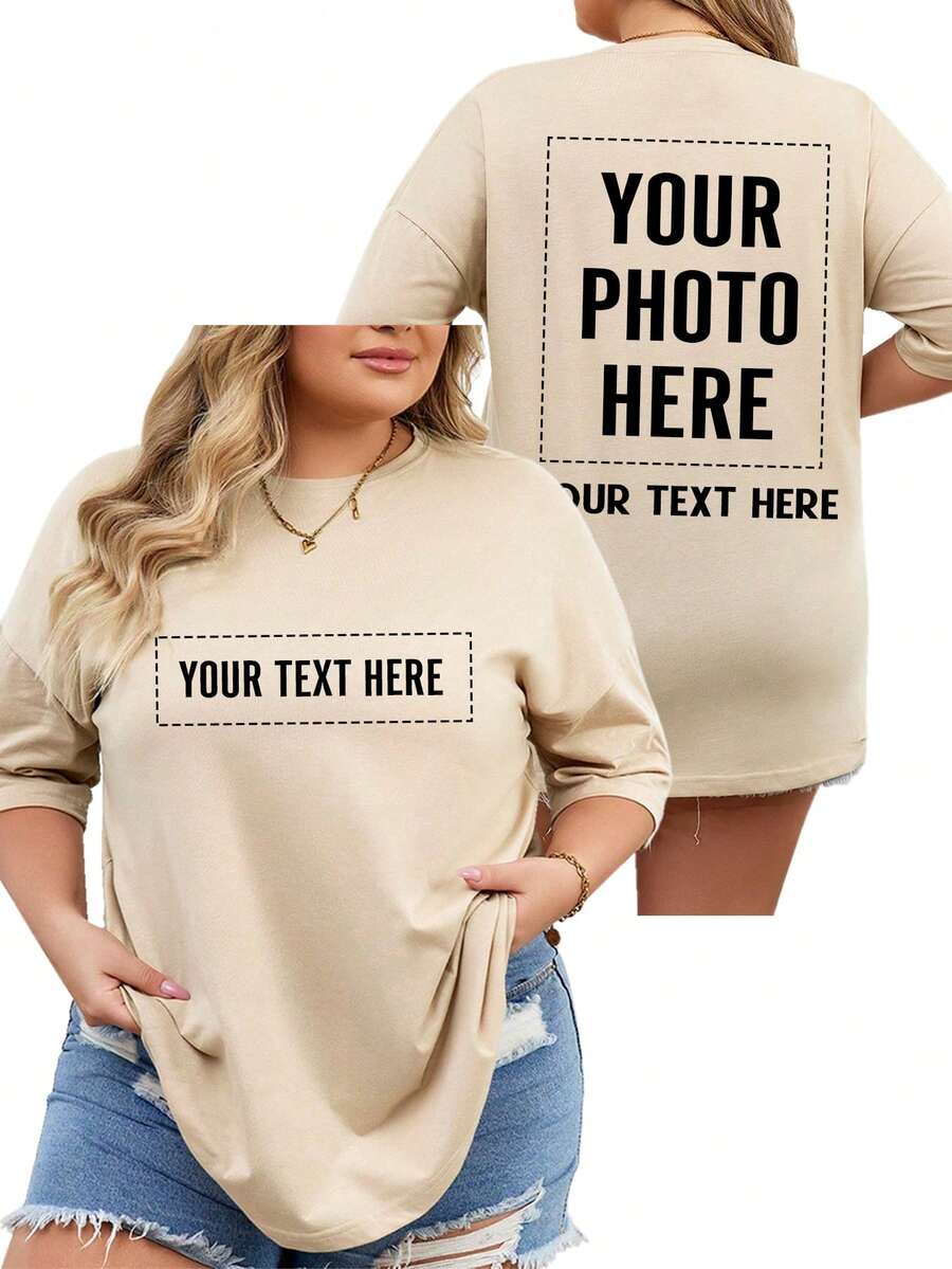 Customized Text/Photo Women Plus Size T-Shirt, Personalize With Your Text/Photo, Birthday/Valentine's Day/Anniversary/Christmas Customization, Upload Your Photo/Friend/Family/Landscape, Women Plus Size Short Sleeve T-Shirt, Holiday Gift, Spring/Summer Apparel, Christmas, Women's Tops, Best Friend Gift, Anniversary Gift, Party Gift, Basketball Uniform, Spring/Summer - Khaki - View 1