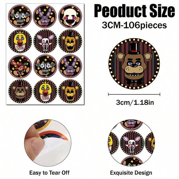 Five Nights at Freddy's 106 piezas Pegatinas redondas de 3cm, con tema del juego Five Nights At Freddy's, suministros para fiesta de cumpleaños, decoración para fiesta de vacaciones, pequeños regalos