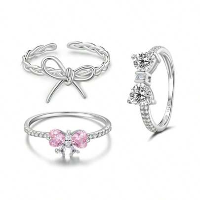 bamoer 1 pieza Anillo de plata de ley 925 con lazo de circonita cúbica, diseño clásico y lindo de lazo ajustable para mujer, joyería fina