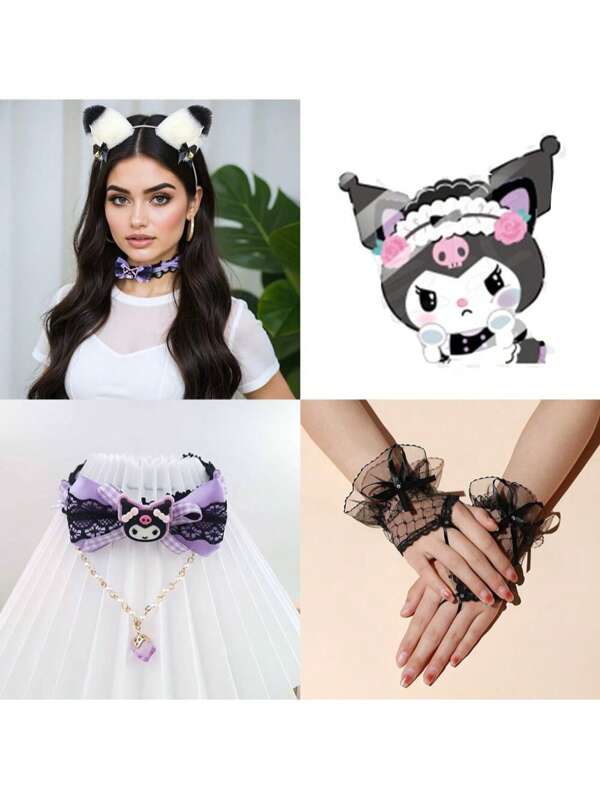 Sanrio Set principessa 3-in-1 Kuromi autorizzato Sanrio 2025, set sexy per travestimento da festa - Fascia per capelli in velluto regolabile + Fiocco e polsini + Guanti in pizzo | Kit costume per feste/cosplay/Ognissanti/regali di compleanno (Travestimento regalo)