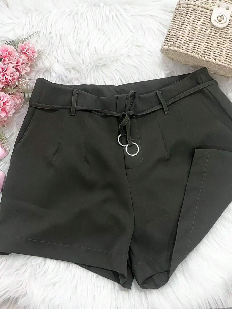 Women's Shorts,Tailored Style Zipper Pockets,Solid Color Drawstring Casual Shorts - Army Green - View 1