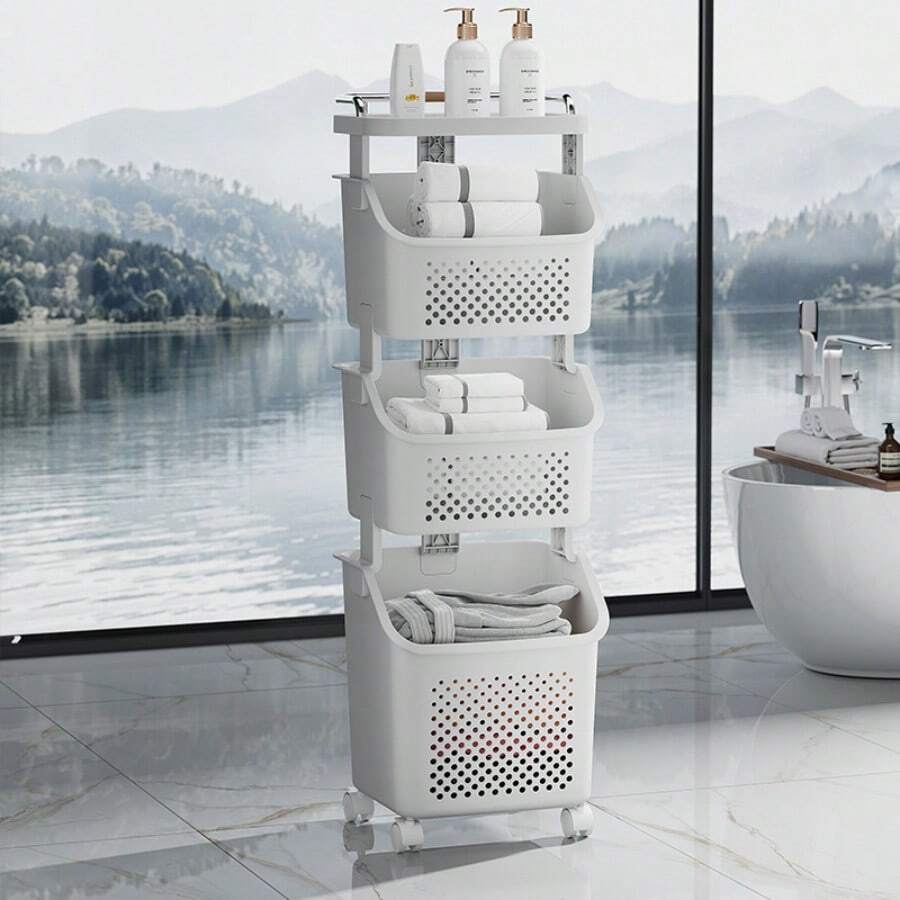Laundry Storage Basket, Dirty Clothes Hamper For Home Use, Bathroom Organizer Rack - White - View 1