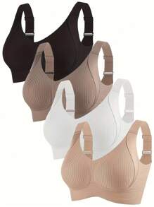 4 piezas Sujetador de punto sin costuras para mujer - Tirantes anchos, sin aros, cómodo y transpirable, se puede usar por fuera, se puede usar al aire libre