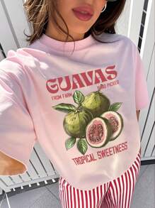 Nuova maglietta casual e versatile da donna, stile ampio, in tessuto traspirante, con stampa di frutta, collo tondo, per primavera ed estate