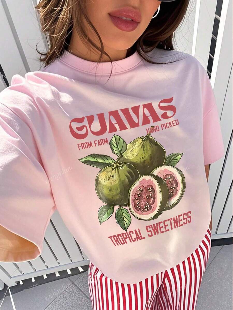 Nuova maglietta casual e versatile da donna, stile ampio, in tessuto traspirante, con stampa di frutta, collo tondo, per primavera ed estate