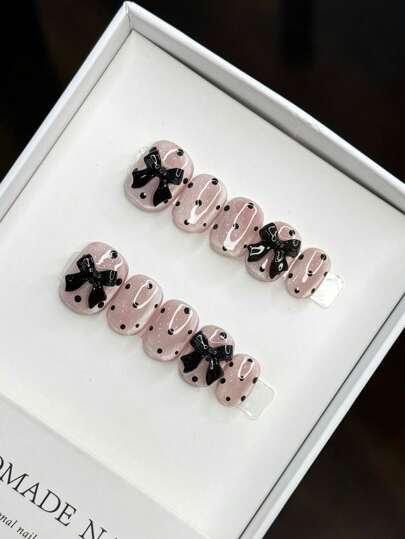 Uñas postizas cortas y redondas reutilizables hechas a mano con diseño de moño 3D y lunares negros, accesorios de arte de uñas