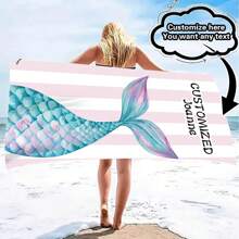 1pc Creative, Fashionable, High-Quality Beautiful Mermaid Tail Design, Customizable Name, Ultra-Soft Beach Towel, Suitable As A Gift For Loved Ones, Super Lightweight, Quick-Drying Beach Towel, Essential For Travel, Camping, Beach, Swimming Pool, Suitable For Boys And Girls. Bathroom Decor Summer Beach Essentials