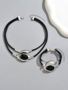 2pcs/Set Bohemian Style Black Faux Crystal Banquet Jewelry Necklace And Bracelet Set For Women - Geometry - View 10