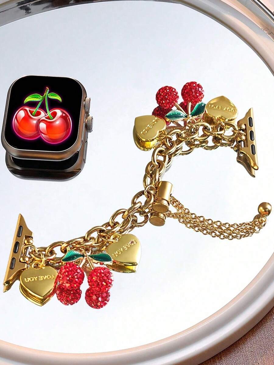1 件兼容 表带 AppleWatch 表带女款 Love Cherry 吊坠金手链，兼容 38/40/41/42/44/45/46/49 毫米，适用于 Ultra3/2/1/Se/10/9/8/7/6/5/4/3/2/1，可调节伸缩拉丝设计金属表带，苹果手表配件，女士配饰，适合夏季女性