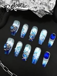 10 Pieces Of Hand Pressed Coffin-Shaped Nails, Beautiful Fake Nails, DIY, Flowers, Waves, Gradients, Blue Nail Nail Sequins, Reusable Nail Art Supplies For Girls And Ladies In Weddings, Parties, Holiday Scenes, Gift A Nail Kit