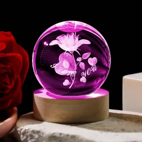 1pc Rose Crystal Ball With 3D Internal Engraving, USB-Powered Colored Night Light, Valentine's Day Desktop Decorative Item, Suitable For Bedroom And Living Room - An Ideal Gift For Family And Friends.