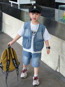 2pcs/Set Toddler Boys' Denim Vest And Shorts Set, Summer