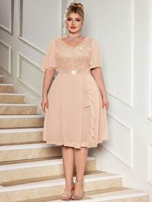 Plus V-Neck Sequin Floral Lace Contrast Chiffon Butterfly Sleeve Ruffle Hem Evening Party Swing Dress, Elegant Prom Semi Formal Wedding Guest Dress, For Birthday, Graduation, Dinner Date - Champagne - View 3