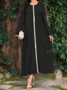 Fashion Women's Black Round Neck Sequin Decoration Elegant Long Loose Arabian Robe