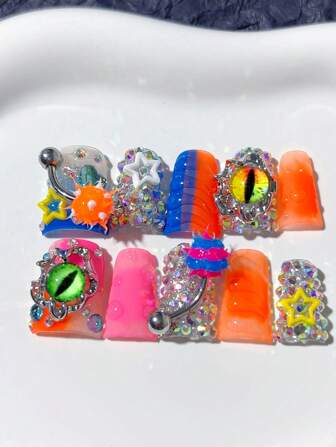 10Pcs Y2K Duckbill Handmade Press On Nails, Rhinestone Decoration, Evil Eye, Exaggerated Jewelry, Gradient Blending, Homemade Nails Diy Press On Nails Nail Art Acrylic False Nails; Suitable For Holiday, Parties, Daily Wear; Includes 1Sheet Jelly Glue & 1Pc Mini File Nail Supplies Nails
