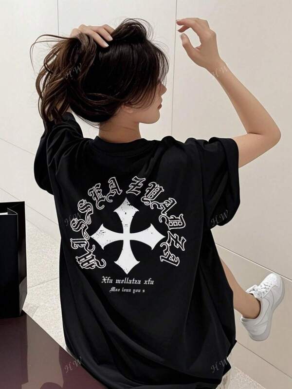 Women's Slogan & Cross Print Crew Neck Drop Shoulder Loose Casual T-Shirt, Summer