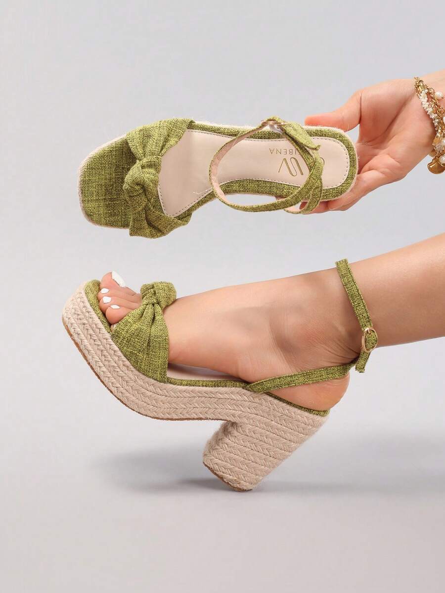 Green Rope Platform Wedge Sandals With Twisted Toe Strap, Waterproof Summer Vacation Casual High Heel Slide Slippers, Fashionable