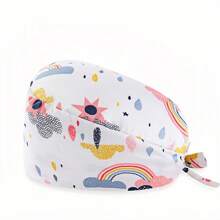 1 pieza Gorro de enfermera con estampado digital de flores, animales y corazones sobre fondo rosado, de mezcla de algodón. Adecuado para médicos, enfermeras, salones de belleza, hospitales veterinarios y profesionales de limpieza. Anti-bacterial y anti-polvo