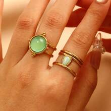 Multi-Piece Set Of Elegant 18K Gold Plated Stainless Steel Faux Gemstone Rings For Women, Fashion Jewelry Accessories, Luxury Party Wear, Vintage Middle Eastern Dubai Jewelry, Adjustable Rings