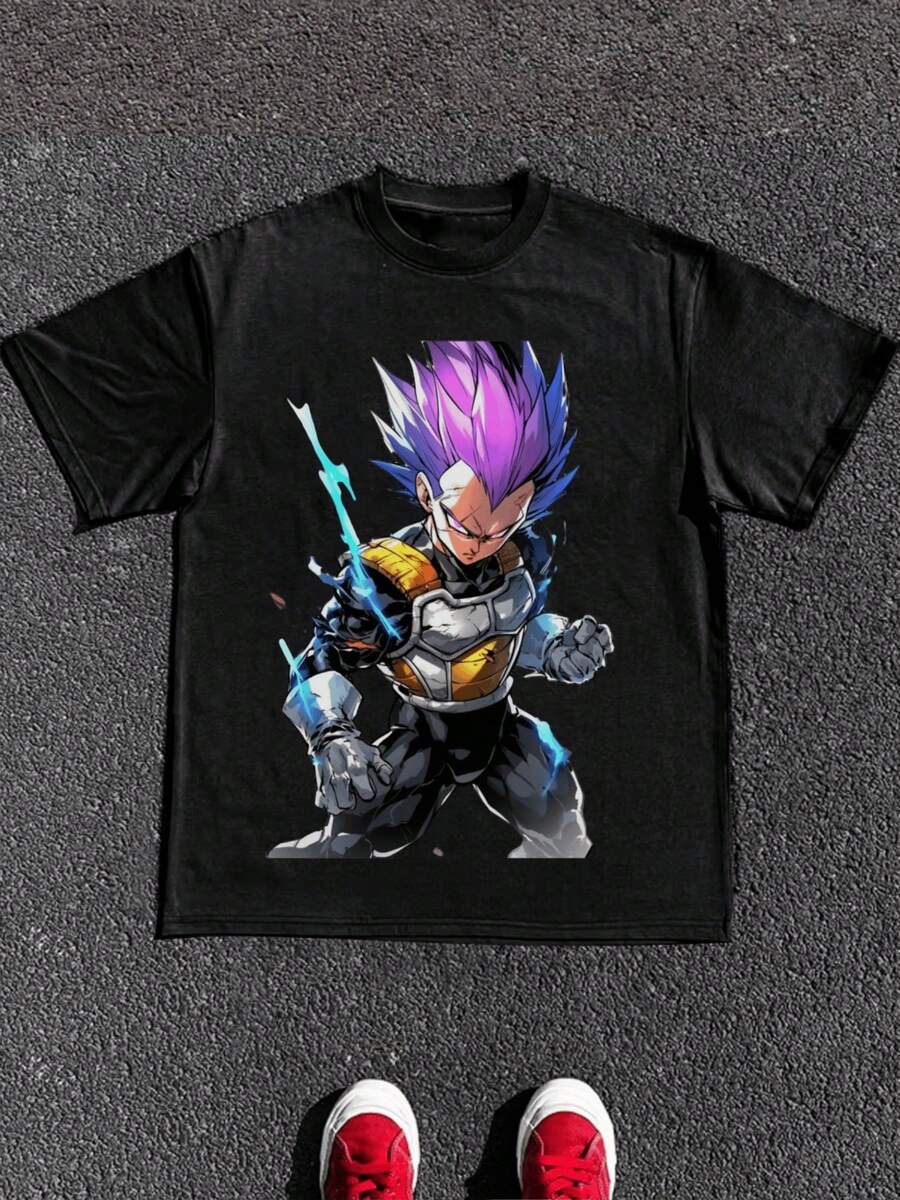 Men's Casual Round Neck Short Sleeve Undershirt Tops 100% Cotton 220g Heavyweight 1Pcs Anime Warrior In Battle Stance Digital Print T-Shirt - 黑色 - 查看 1