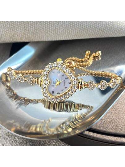 1pc Heart Shaped Rhinestone Dial Arabic Numeral Display Pull Tab Chain Convenient Quartz Horloge view 4