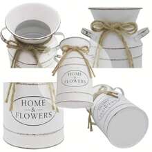 Vase à fleurs galvanisé vintage de style ferme - Pot de lait crème blanc délavé et patiné avec l'étiquette "Fleurs fraîches de la maison", parfait comme centre de table et décoration d'intérieur