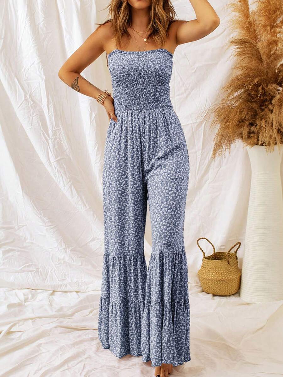 Acelitt Women's Vacation Style Ditsy Floral Ruffle Hem Wide Leg Jumpsuit Elegant Summer - Baby Blue - View 1