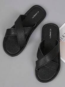 Men's Lightweight Sandals, Summer Fashionable Crossover Beach Shoes, Outdoor Casual Open Toe Slippers, Comfortable Black Lychee Texture