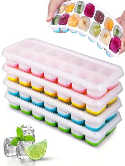 1/2/4pcs Silicone Ice Cube Trays, Easy Release & Flexible, 14-Cavity 4-Color Mixed With Anti-Spill Removable Lids, Stackable With Lid, Kitchen Accessories, Small Kitchen Tools