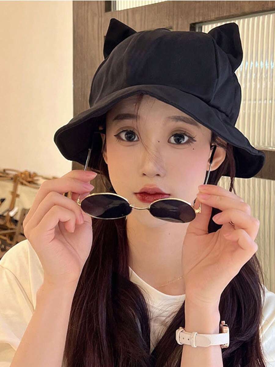 1 Set Bucket Hat, Sunglasses & Foldable Cartoon Cat Ear Sun Hat, Outdoor Casual Fashion Accessories, Spring/Summer - Multicolor - View 1