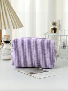 1 pieza de bolsa de maquillaje de seersucker, una bolsa de tocador de gran capacidad para llevar en la mano, bolsa de almacenamiento de cosméticos de viaje con bordado a rayas, esencial de viaje para vacaciones, verano, vuelta al colegio, bolsa escolar, bolsa de viaje para mujeres, bolsa de maquillaje para viajes