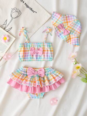3pcs/Set Baby/Baby GirlCasual Cute Plaid Print Tank Top, Bralette And Triangle Pants With Hat Set