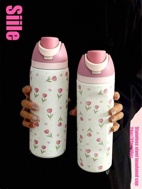 1pc Pink Tulip Pattern 24oz-32oz-40oz Double Wall Stainless Steel Vacuum Insulated Sports Water Bottle, Tumbler With Straw, Suitable For Sports, School, Travel, Gym, Gift For Holidays, Birthday