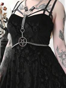 1 Piece Adjustable Women's Star Chain Suspenders, Punk Style PU Leather Belt, Perfect For Fetish Costumes Sexy Lingerie Accessories, Silver Pentagram Decorated Gothic, Women's Body Harness & Neck Binding Lingerie Unique Wearable Experience For Halloween Party Builds!