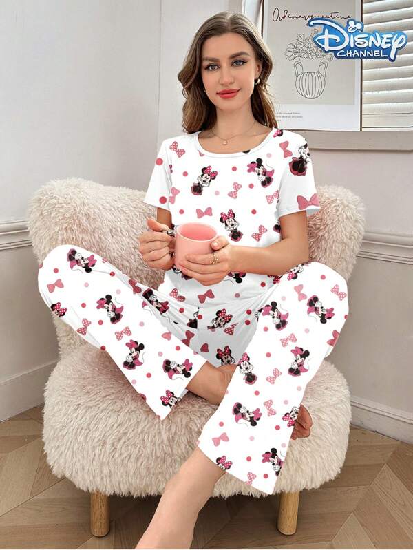 Disney 2pcs Disney Minnie Mouse Cartoon Print Milk Silk Cute & Versatile Short Sleeve Pants Women Home Pajamas Set