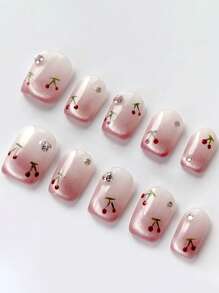 10pcs Cute Handmade Cherry Cat Eye Nail Tips With 3D Diamond Gradient, Handcrafted Soft And Delicate Nail Art Accessory